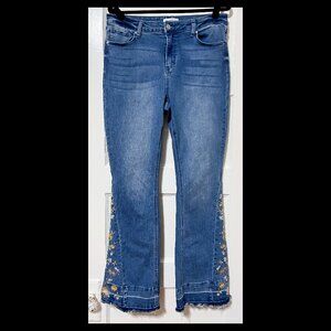 Prosperity Womens Blue Embroidered Floral Leg Raw Hem Flare Jeans Sz 15/32 EUC